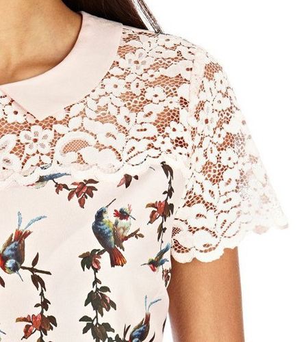 เดรส สีขาว ลายนก แขนผ้าลูกไม้ คอปิด เรียบ ๆ แอบเซ็กซี่ เล็กน้อย no 53546