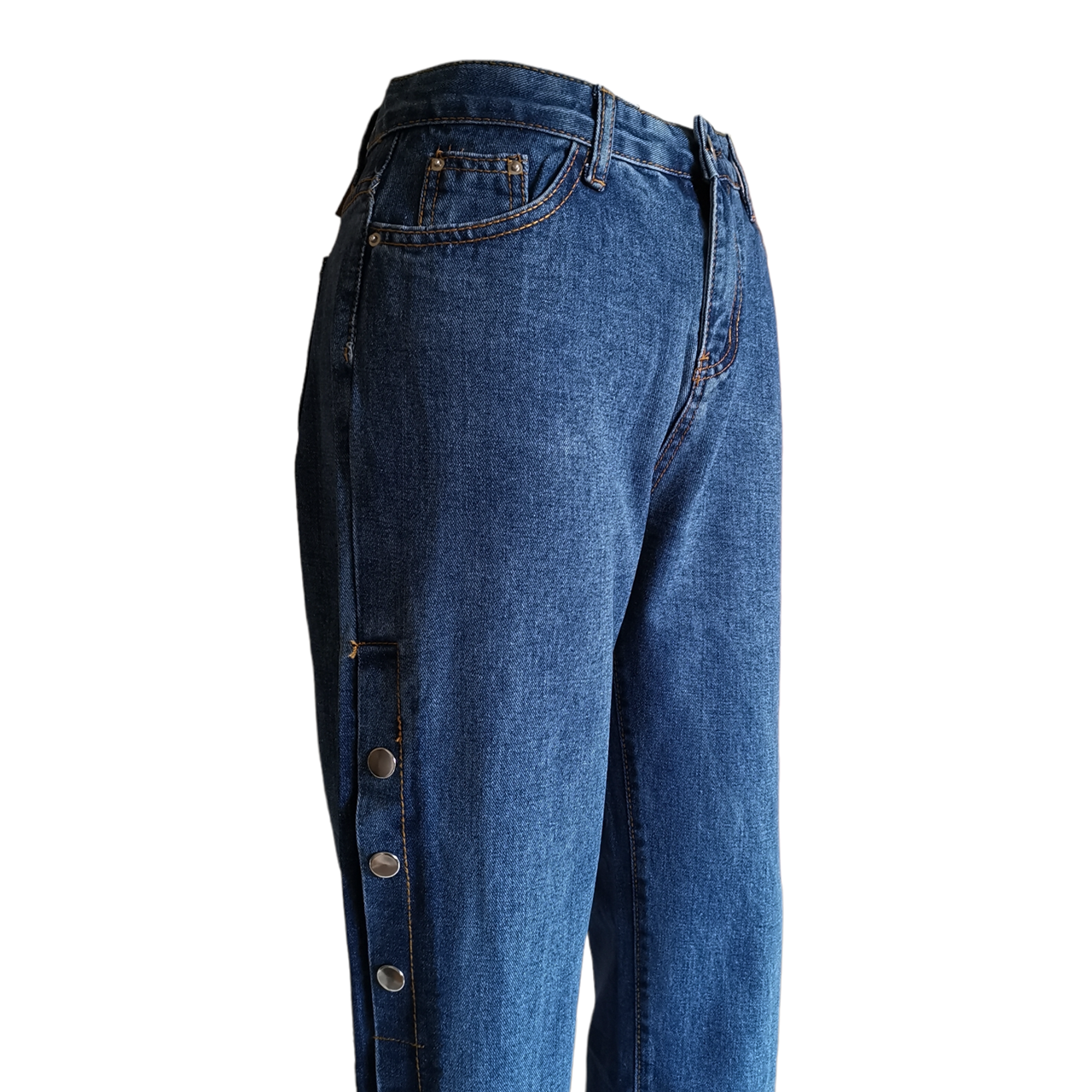 Jeans336 กางเกงยีนส์ขายาวขากระบอก ด้านข้างแต่งกระดุมแป๊กแกะออกใช้งานได้จริง แฟชั่นนำเข้าเกรดพรีเมียม
