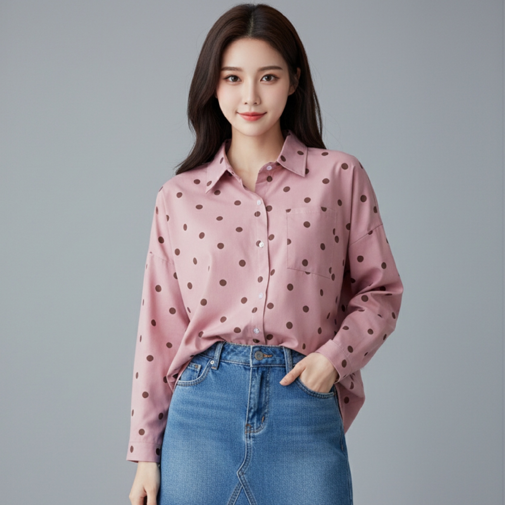 💕 Blouse4078 เสื้อเชิ้ตโอเวอร์ไซส์ลายจุดชมพูน้ำตาล ลุคสดใส หวานเท่ สไตล์เกาหลี