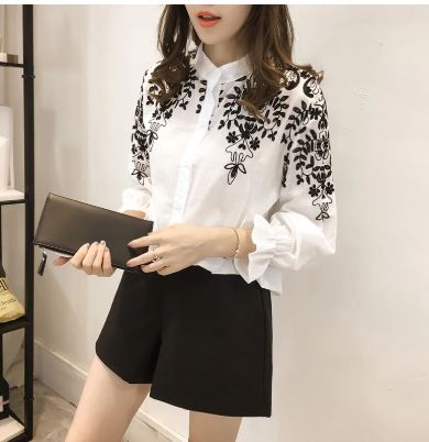 เสื้อผู้หญิง เสื้อแขนยาว เสื้อแฟชั่น ใส่ทำงาน เสื้อเชิ้ต สีขาวดำ ปักลาย ดอกไม้ เชิ้ตแขนยาว ใส่ทำงาน ออกงาน 604284