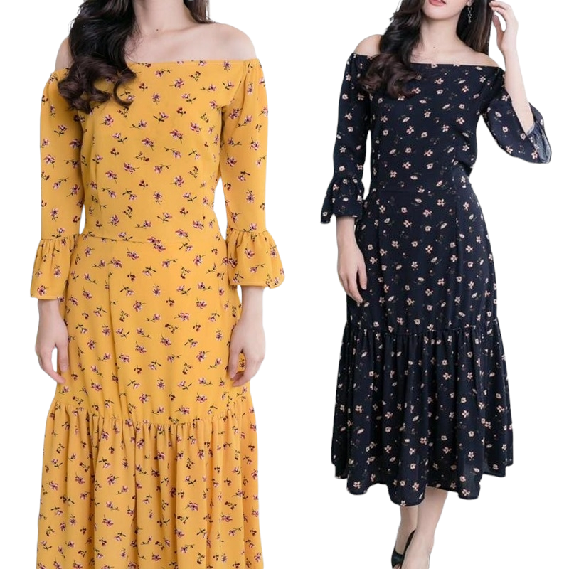 Dress4341 เดรสยาวเปิดไหล่ทรงสวยลายดอกไม้ แขนยาวห้าส่วนระบาย เอวสม็อคยางยืดด้านหลัง ผ้าไมโครเนื้อดีมีน้ำหนักทิ้งตัวไม่ยับง่าย งานดีทรงสวย ใส่ได้ทุกโอกาส มี 2 สี เหลืองมัสตาร์ด, กรม
