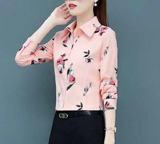 เสื้อเชิ้ตผู้หญิง เสื้อเชิ้ต แฟชั่น ผ้าลื่น ใส่สบาย ลาย ปริ้นดอกไม้ สีโอรส สวยหวาน เสื้อเชิ้ตใส่ทำงาน 634933