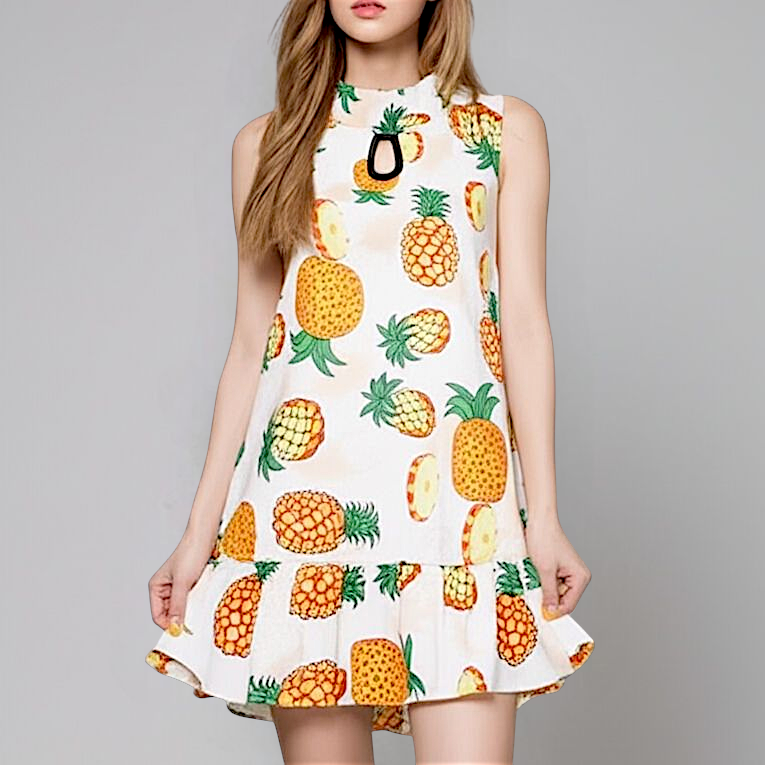 🍍Dress3261-3266 เดรสแขนกุดทรงปล่อย ลายสับปะรดสุดคิ้วท์ ดีเทลชายระบายเบาๆ เพิ่มความหวานละมุน สดใสสไตล์ซัมเมอร์แบบคุณหนูสายชิล