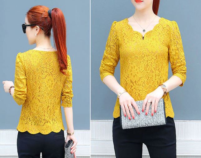 เสื้อผ้าลูกไม้ สีเหลือง เสื้อผู้หญิง ผ้าลูกไม้ สีเหลือง คอวี เสื้อลูกไม้ แขนยาว คอกว้าง แบบเก๋ ๆ มีดีไซน์ แบบเปรี้ยวเล็กน้อย ใส่ออกงาน ใส่เที่ยว 25961_1