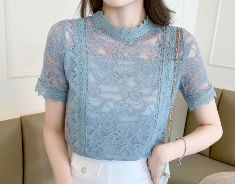 เสื้อผ้าลูกไม้ แขนสั้น แบบสวย ๆ สีขาว สีฟ้า ใส่ออกงานบุญ งานบวช งานแต่งงาน แบบไทย ๆ 845530