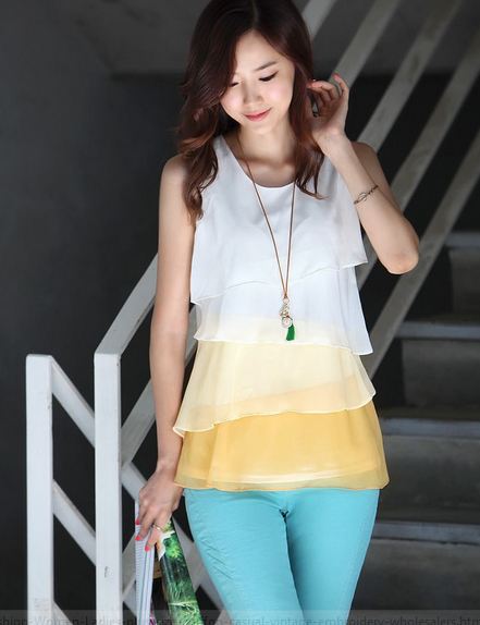 เสื้อใส่ทำงานผู้หญิง เสื้อใส่เที่ยว ผ้าชีฟอง ทำเป็น ระบายชั้น ๆ เสื้อแขนกุด ใส่ในวันสบาย ๆ สีขาว เหลือง ฟ้า no 725163_1