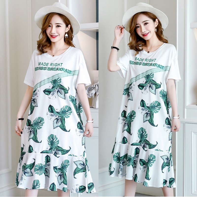 Dress4547 เดรสยาวสีขาวลายดอกไม้สีเขียว ชายระบาย งานตัดเย็บอย่างดีมีซับในทั้งชุด ผ้าชีฟองเกรดพรีเมียมเนื้อดี