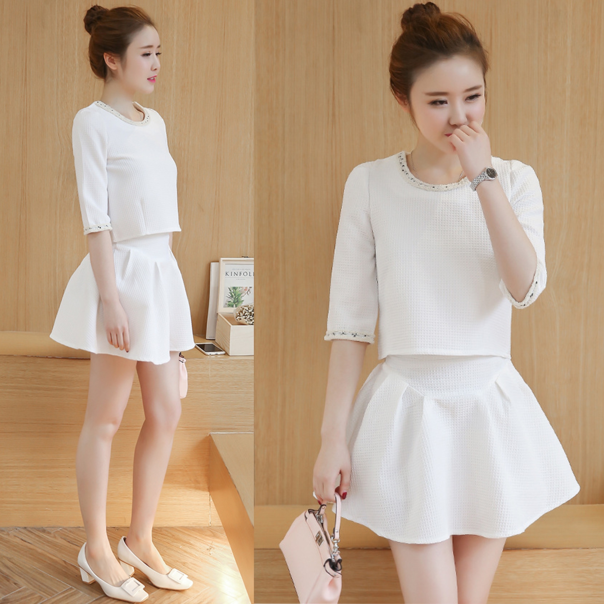 Set_bs1455 ชุดเซ็ท 2 ชิ้น(เสื้อ+กระโปรง) เสื้อแขนสามส่วนสีขาวครีมแต่งแถบวิ้งๆ ช่วงคอและแขน+กระโปรงบานซิปหลังสีขาวครีมเข้าชุด ผ้าวาฟเฟิลเนื้อหนาเรียบสวยยืดขยายได้ งาน Set เข้าชุด ใส่แล้วน่ารักมาก