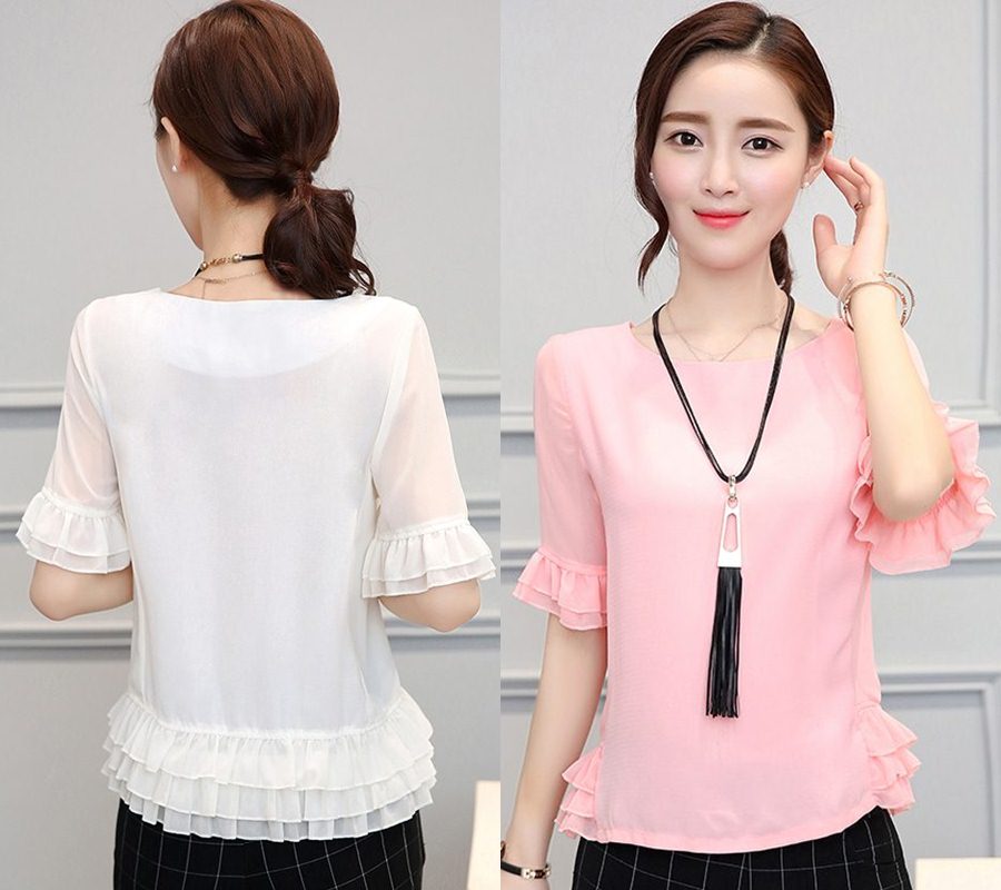 Blouse3711 เสื้อแขนระบายผ้าชีฟองเกรดพรีเมียมเนื้อหนาสวยมีน้ำหนักทิ้งตัวมีซับในอย่างดี งานสวยแมทช์กับกระโปรงหรือกางเกงได้หลายสไตล์ ใส่ทำงานได้ มี 2 สี ขาวครีม, ชมพู
