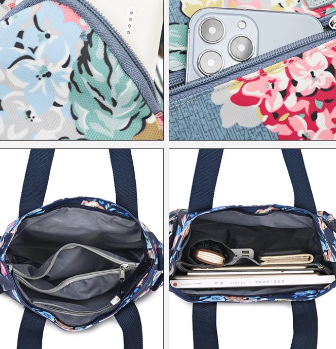 กระเป๋าสะพาย ลายดอกไม้ กระเป๋าแฟชั่น กระเป๋าสะพายข้าง กระเป๋าถือ ผ้าไนลอน กันน้ำ ดีไซน์ เก๋ แยก 3 ช่อง 622387