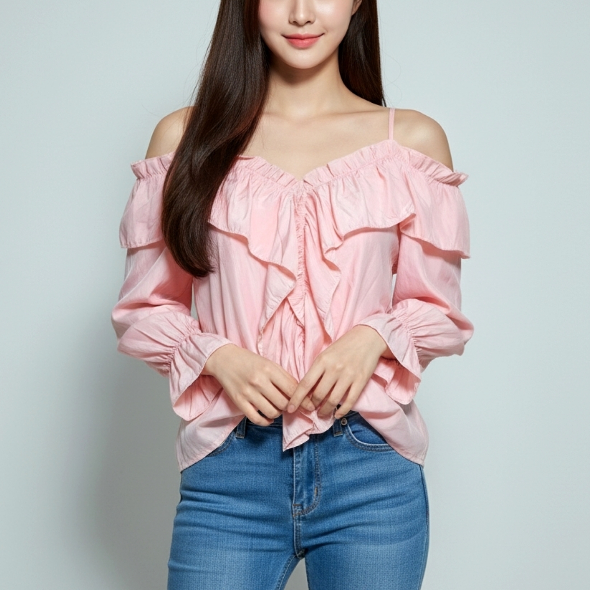 🌸 Blouse3975 เสื้อเปิดไหล่แขนยาวผ้าสปันนุ่มพรีเมียม ดีไซน์แต่งระบายฟรุ้งฟริ้ง เติมเสน่ห์หวานละมุน ดูน่ารักและดูดีได้ทุกโอกาส