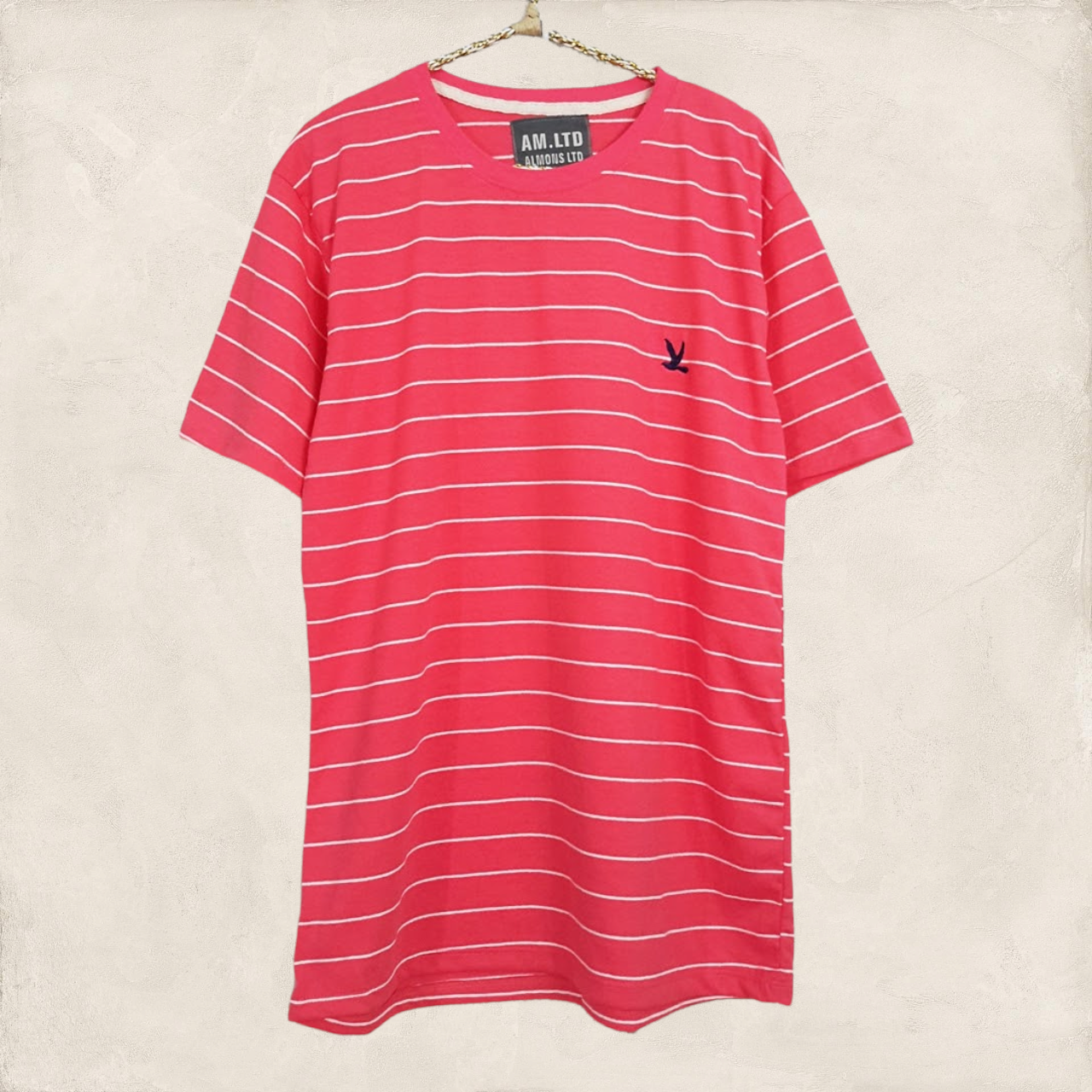 Blouse3379-1 เสื้อยืดแฟชั่น อกปักรูปนกสไตล์ CC-OO ผ้าคอตตอนยืดเนื้อนิ่มลายริ้ว สีโอลด์โรส