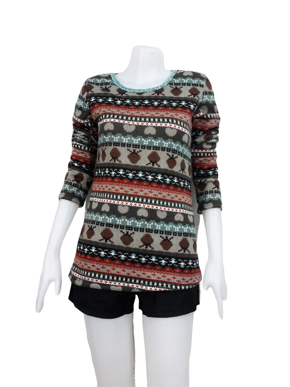 Blouse3531 2nd hand clothes เสื้อไหมพรมขนแกะตัวยาว(เนื้อหนานุ่ม) แขนยาว คอกลม ลายกราฟฟิค