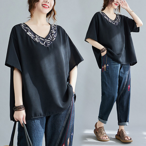 เสื้อทีเชิ้ตคนอ้วนผู้หญิงสไตล์คอตตอนลินินมีไซต์อก 47-48 นิ้ว