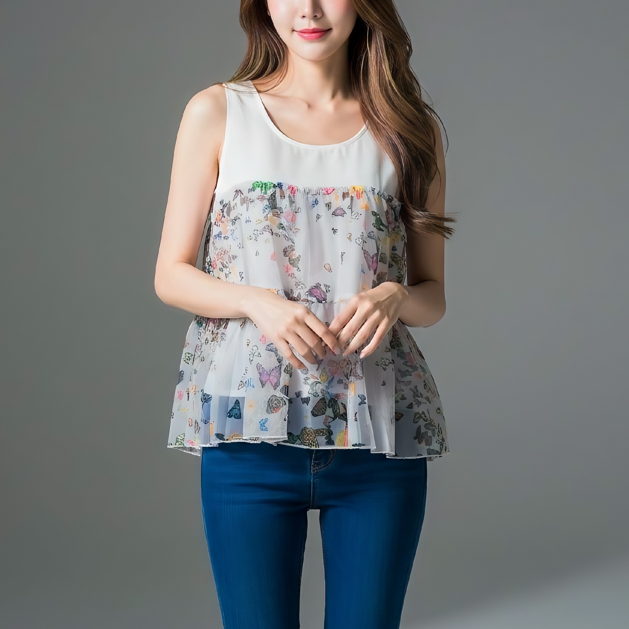 🦋 Blouse3682 เสื้อชีฟองลายผีเสื้อ ผ้านุ่มเบา ลุคสดใสมีสไตล์
