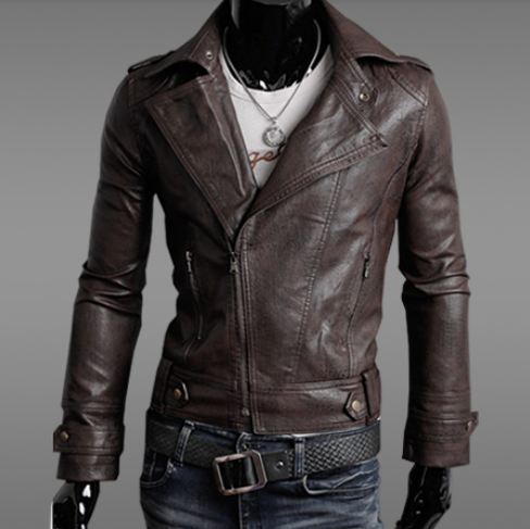 เสื้อ แจ็คเก็ตหนัง แบบ สลิม ฟิต Jacket ผู้ชาย แบบพอดีตัว เสื้อคลุมแขนยาวผู้ชาย เสื้อคลุมหนัง คอปก เปิด ซิปหน้า สีน้ำตาล 902206_1