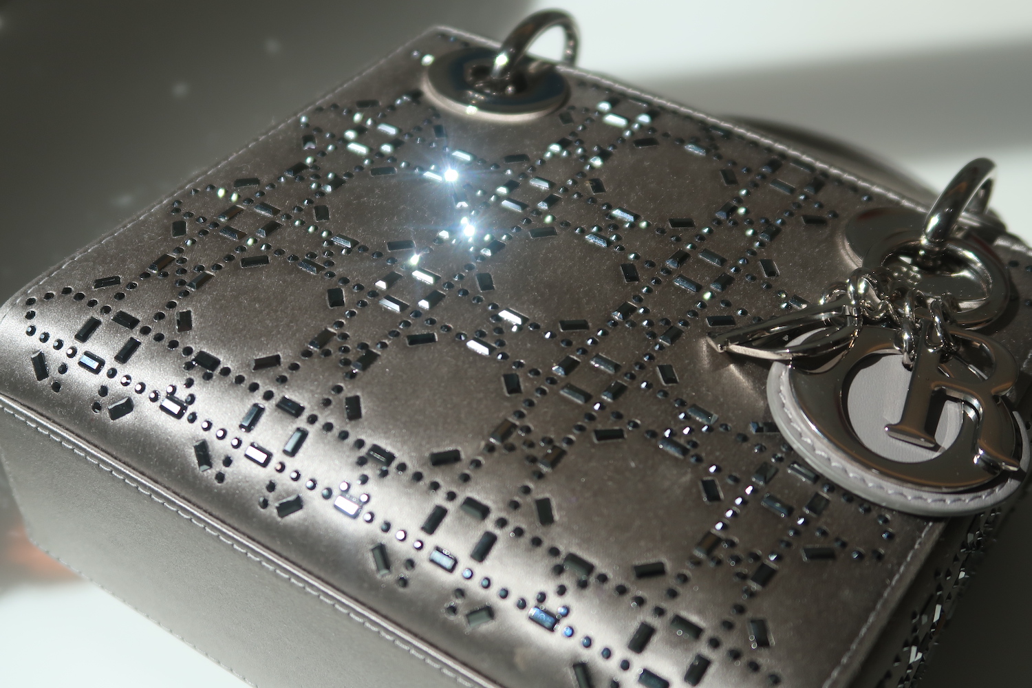 Christian Dior Grey Strass Cannage Satin Mini Lady Dior SHW