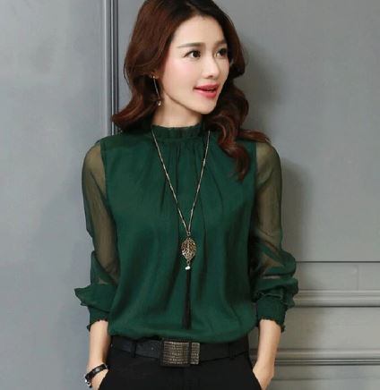 เสื้อเชิ้ตผู้หญิง เสื้อเชิ้ตแขนยาว ผ้าซีฟอง เสื้อแฟชั่น แขนยาว ใส่เที่ยว ใส่ทำงาน ปิดคอ แขนยาว เรียบเก๋ มีสไตล์ 837565