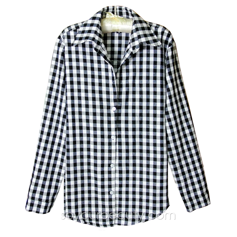 เสื้อผ้าแฟชั่น เสื้อเชิ้ตผู้หญิงลายสก๊อต (ขาว-น้ำเงิน) (ขาว-ดำ)