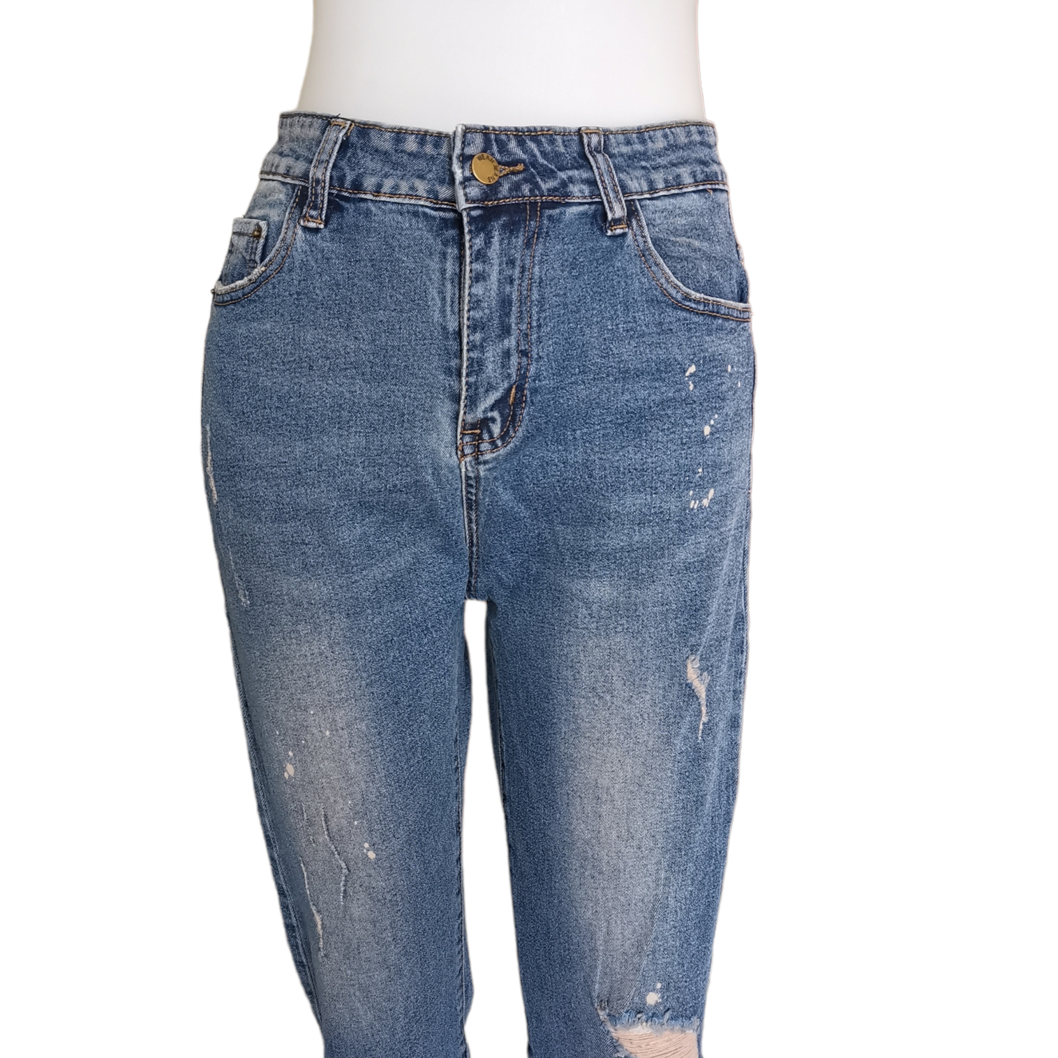 Jeans342 กางเกงยีนส์ขายาวเก้าส่วนเอวสูงแต่งขาด ปลายขารุ่ย แฟชั่นนำเข้าเกรดพรีเมียม ผ้ายีนส์แท้ยีนส์ฟอกยืดนิ่มใส่สบาย ผ้านุ่มน่าใส่ทรงสวยงานดี แมทช์กับอะไรก็เข้า
