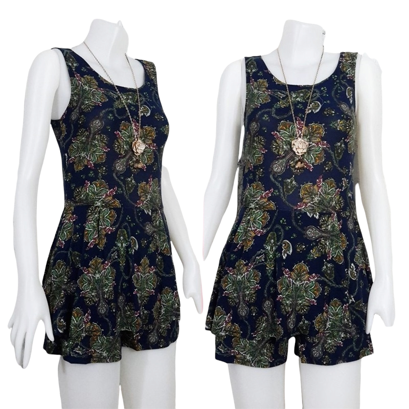 Jumpsuit439 จัมพ์สูทแฟชั่นกางเกงกระโปรง ผ้ายืดเนื้อดีลายไทยวินเทจ แขนกุด ผูกโบว์หลัง โทนสีกรมท่า
