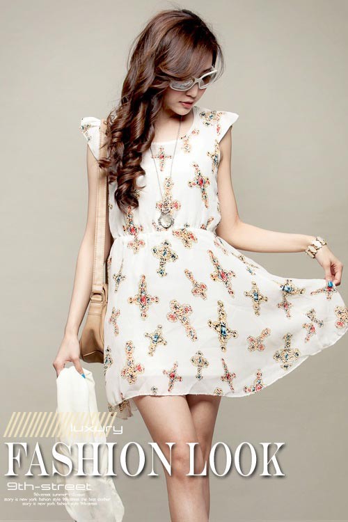พร้อมส่ง - เดรส ผ้าชีฟอง ลายกางเขน ใส่สบาย ไม่มีซับใน ตามภาพ FREE