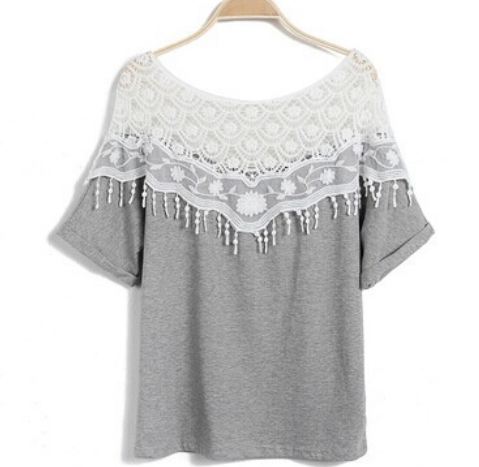 เสื้อแฟชั่น ผู้หญิง เสื้อยืด สีเทา ผสม ไหมถักคลุมไหล่ สีขาว เสื้อยืดแบบ มีดีไซน์ ใส่เที่ยว น่ารัก ไม่ซ้ำใคร เสื้อยืด คอกว้าง สไตล์ ไฮโซ 32564