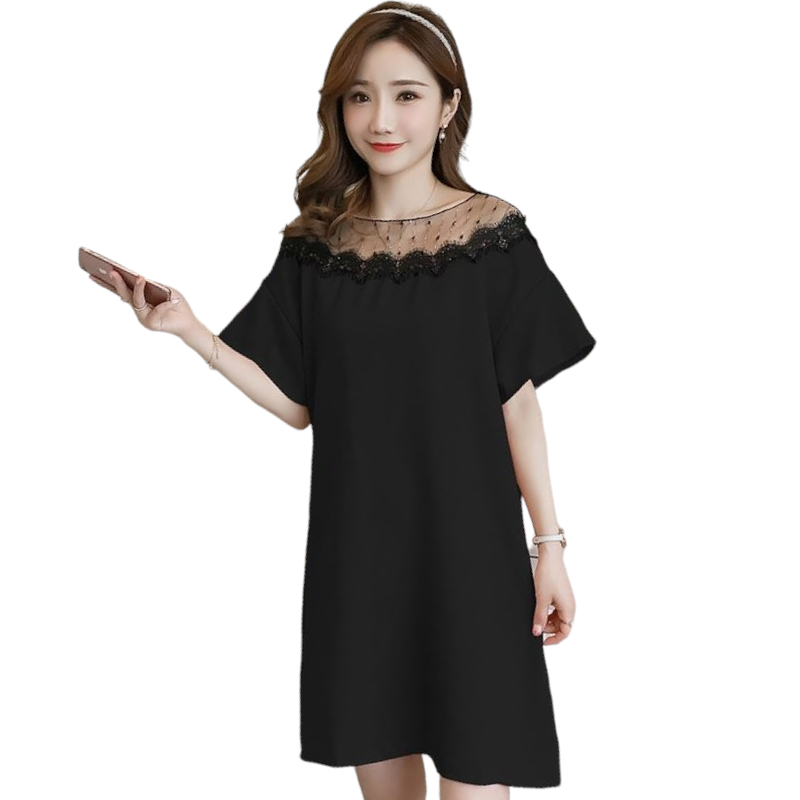 Dress4362 เดรสไซส์ใหญ่ทรงปล่อยอกลูกไม้ ผ้าโพลีเนื้อดีมีน้ำหนักทิ้งตัว งานดีทรงดี เนื้อผ้าใส่สบาย ทรงนี้ใส่ได้เรื่อยๆ มี 2 สี ดำ, ชมพู
