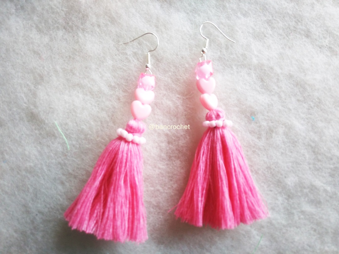 Bancrochet ต่างหูถักโครเชต์ crochet earrings สีชมพู 4 นิ้ว