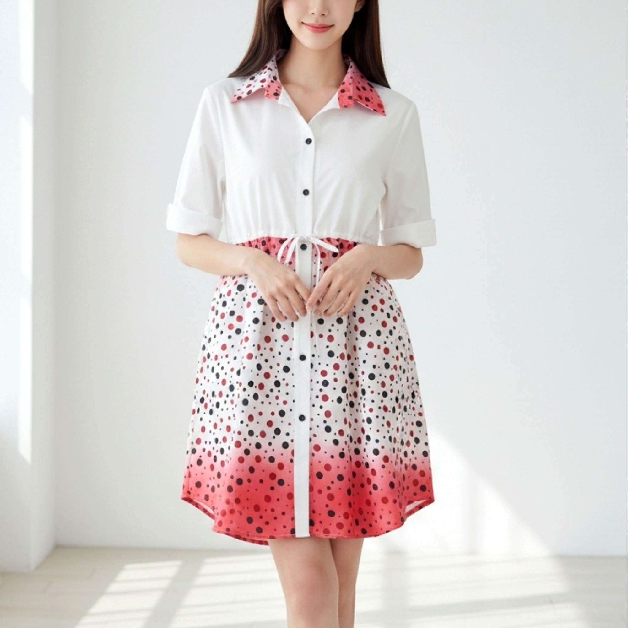 Dress1993 เดรสเชิ้ตคอปกสีพื้นขาวต่อกระโปรงลายจุดโทนสีขาวแดง กระดุมหน้า แขนสามส่วน ผ้าคอตตอนเนื้อดีใส่สบาย