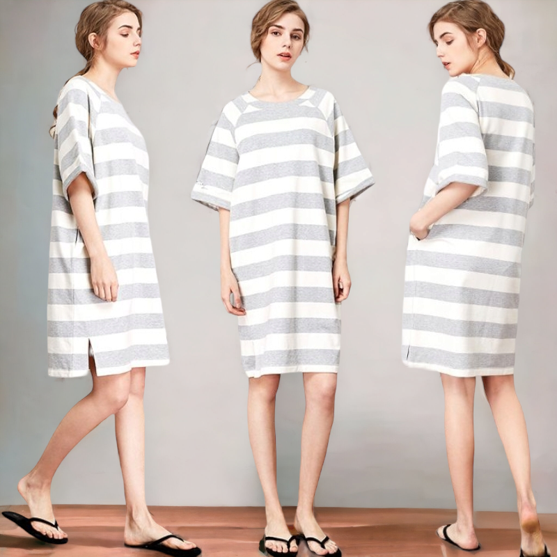 Dress4083 ชุดเดรสทรงปล่อยไหล่สโลปแขนสามส่วน ผ่าข้างเล็กน้อยเพื่อความคล่องตัว ผ้าคอตตอนเนื้อนุ่มลายขวางโทนสีขาวเทา งานน่ารักผ้าเนื้อดีนุ่มใส่สบายยืดขยายได้เยอะ งานสวยใส่ง่ายใส่สบาย ทรงนี้ใส่ได้เรื่อยๆ