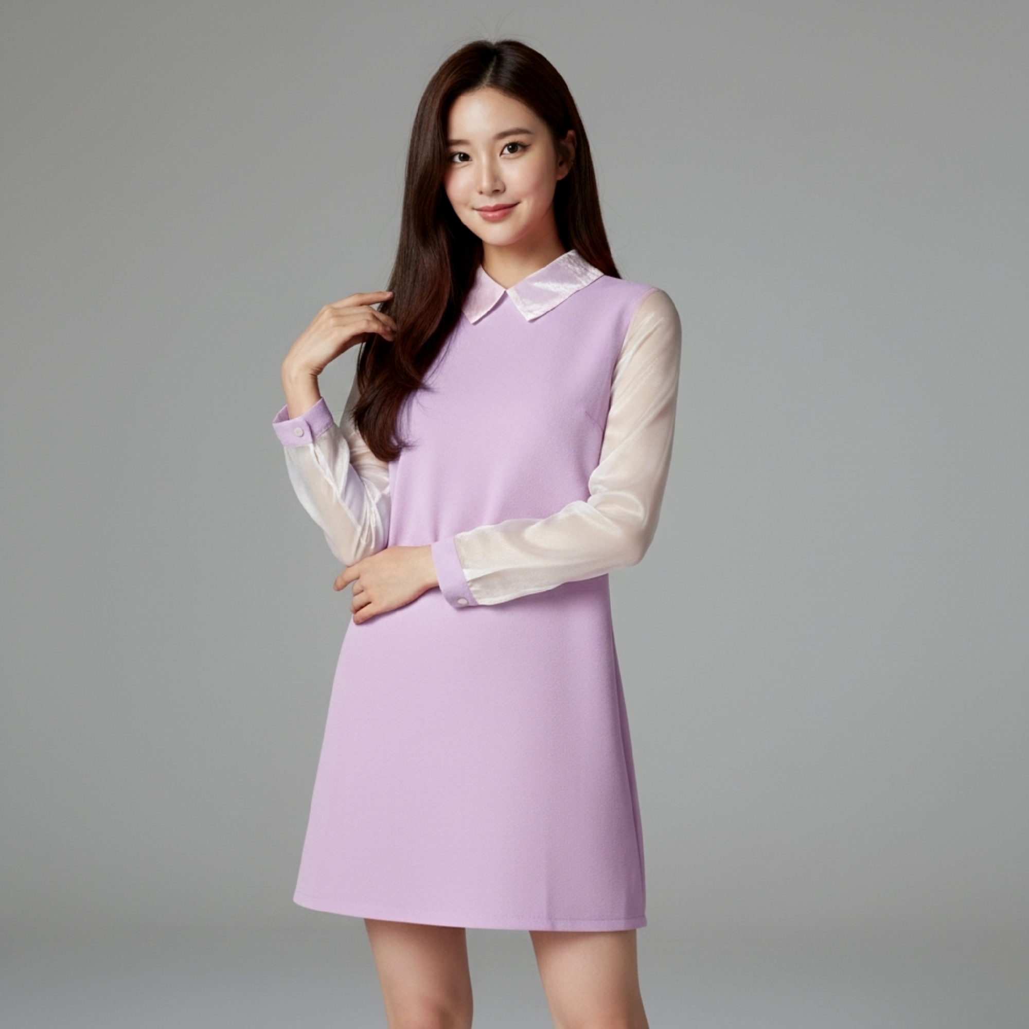💜 Dress3118 เดรสแขนยาวคอปกผ้าโฟร์เวย์สีม่วงพาสเทล แต่งผ้าแก้วนุ่มละมุน หวานละไมสไตล์เกาหลี