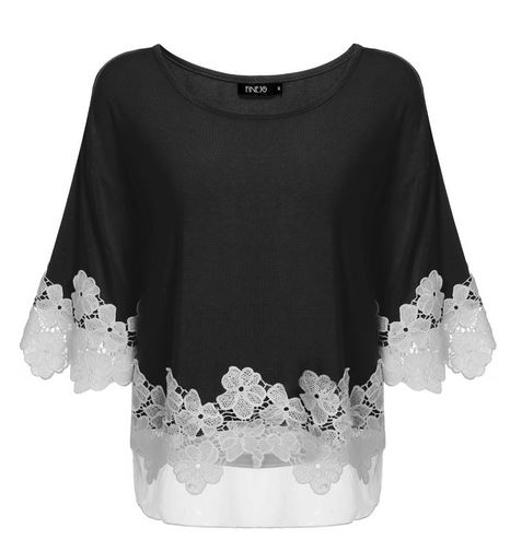 เสื้อผู้หญิง เสื้อแฟชั่น สีดำ แขนยาว สามส่วน ดีไซน์ แต่งลูกไม้ สีขาว ด้านล่าง เสื้อสีดำ คอกว้าง ใส่เที่ยว ดีไซน์เก๋ ๆ 468836
