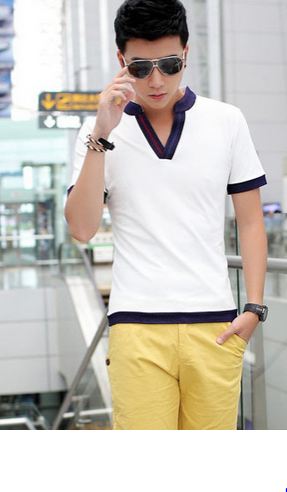เสื้อยืดผู้ชาย เสื้อยืด คอวี แบบเข้ารูป มีปกเล็ก ๆ เสื้อยืดแนว สปอร์ต ใส่เล่นกีฬาได้ มีดีไซน์ ลายขวาง หรือ สีพื้น ล้วน ใส่เที่ยว สบาย ๆ วันหยุด 917052