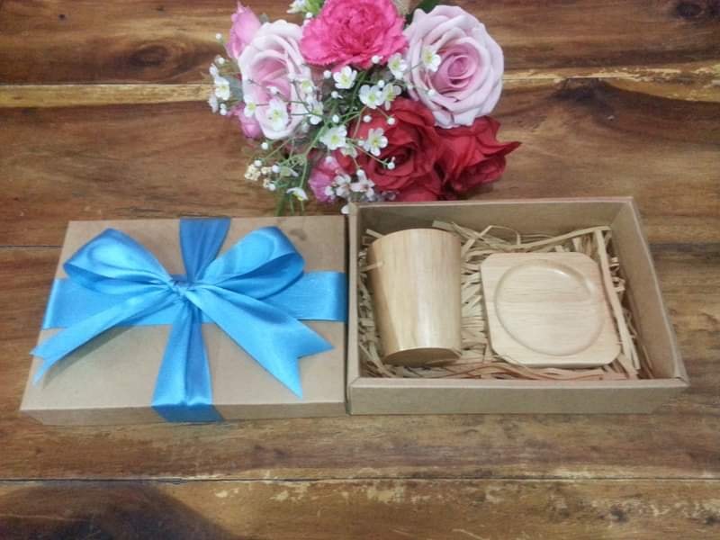 ชุดแก้วไม้ จานรองแก้ว ช้อนคน