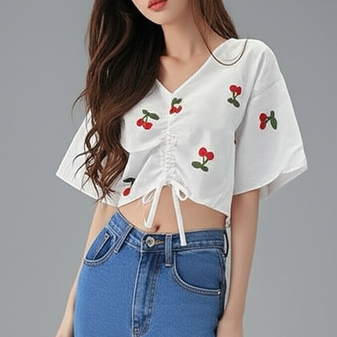 Blouse4032 เสื้องานปักลายผลไม้ แต่งเชือกรูดด้านหน้า ผ้าคอตตอนเนื้อดีนุ่มใส่สบาย งานน่ารักแมทช์กับอะไรก็เข้า