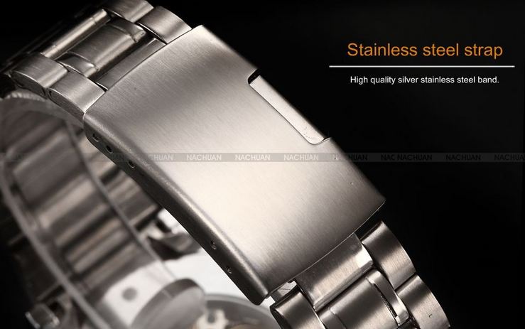 นาฬิกาข้อมือ โชว์กลไก Mechanical watch นาฬิกาข้อมือผู้ชาย สาย Stainless Steel สีดำ ยอดนิยม หน้าปัดขาว เลขโรมัน สีเงิน 268605_7