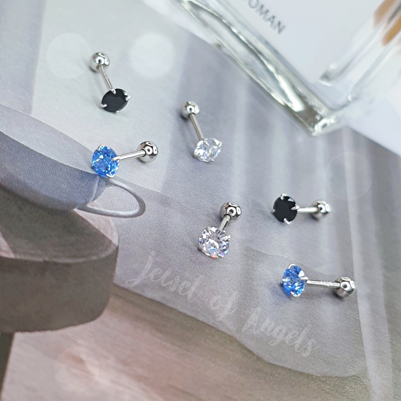 ต่างหูเงินแท้ S925 รุ่น Ice ต่างหูก้านเสียบ จิวกลม เพชรCZ แป้นหลังบอลกลม สีขาวใส สีดำ สีฟ้า เงินแท้ทั้งชิ้น ตุ้มหูมินิมอล Silver925