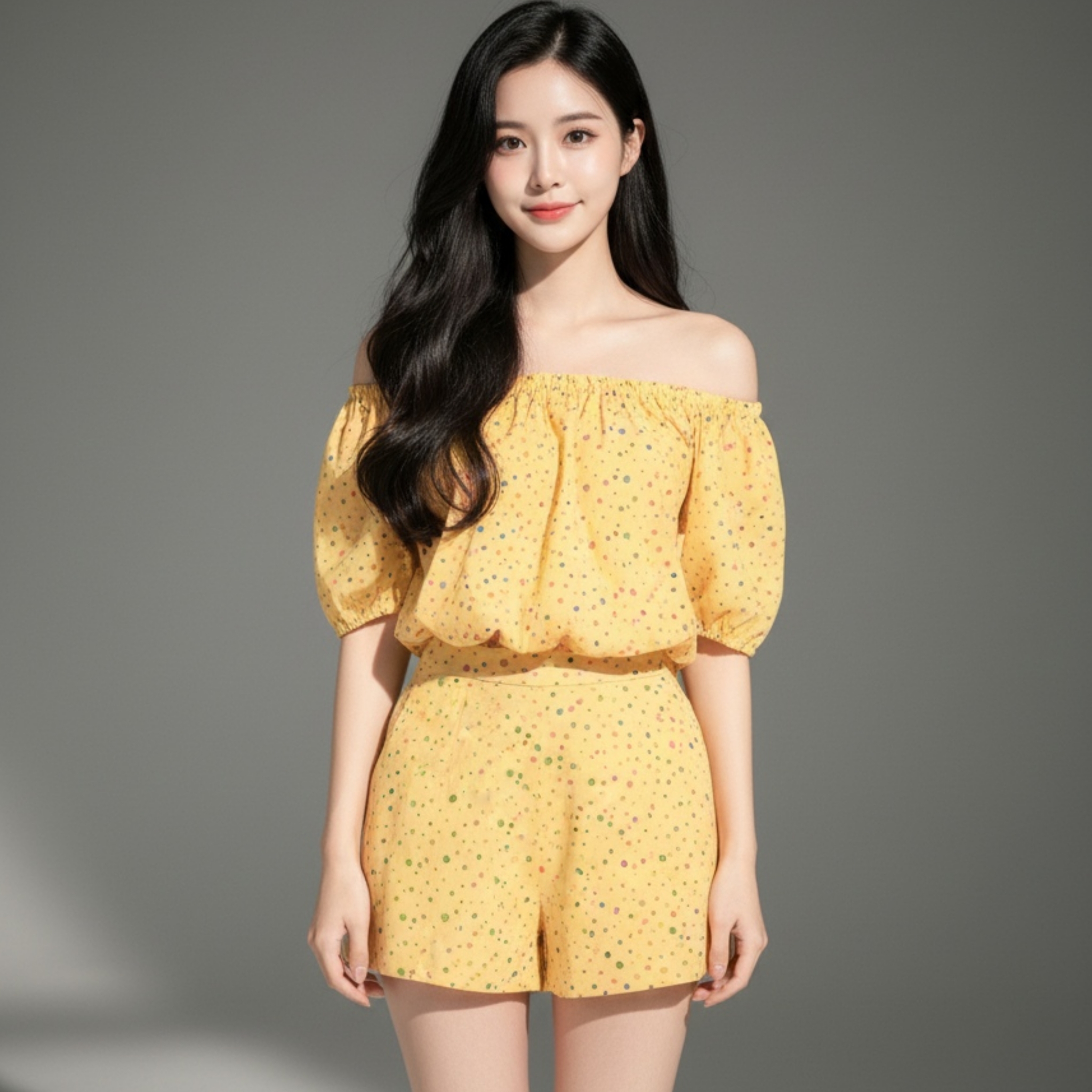 🌼 Set_bp709 ชุดเซ็ท 2 ชิ้น เสื้อเปิดไหล่+กางเกงขาสั้น ลายจุดคัลเลอร์ฟูล