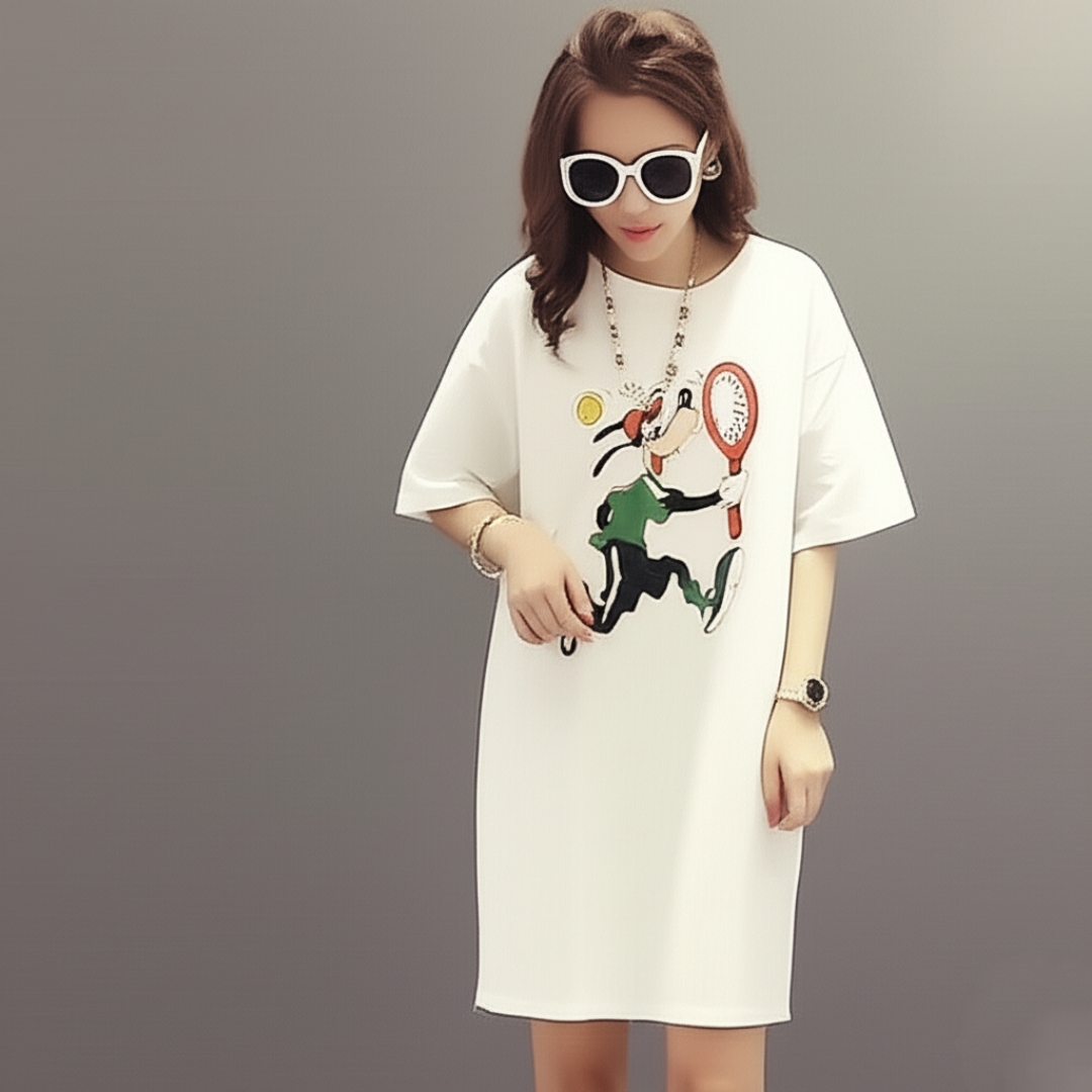 Dress4006 ชุดเดรสโอเวอร์ไซส์ทรงปล่อยใส่สบาย ผ้าคอตตอนสีพื้นเนื้อดีหนานุ่มสวยเกรดพรีเมียม หน้าอกสกรีนลายคมชัด ผ้าสวยเกินราคาเนื้อดีนุ่มใส่สบายยืดขยายได้เยอะ