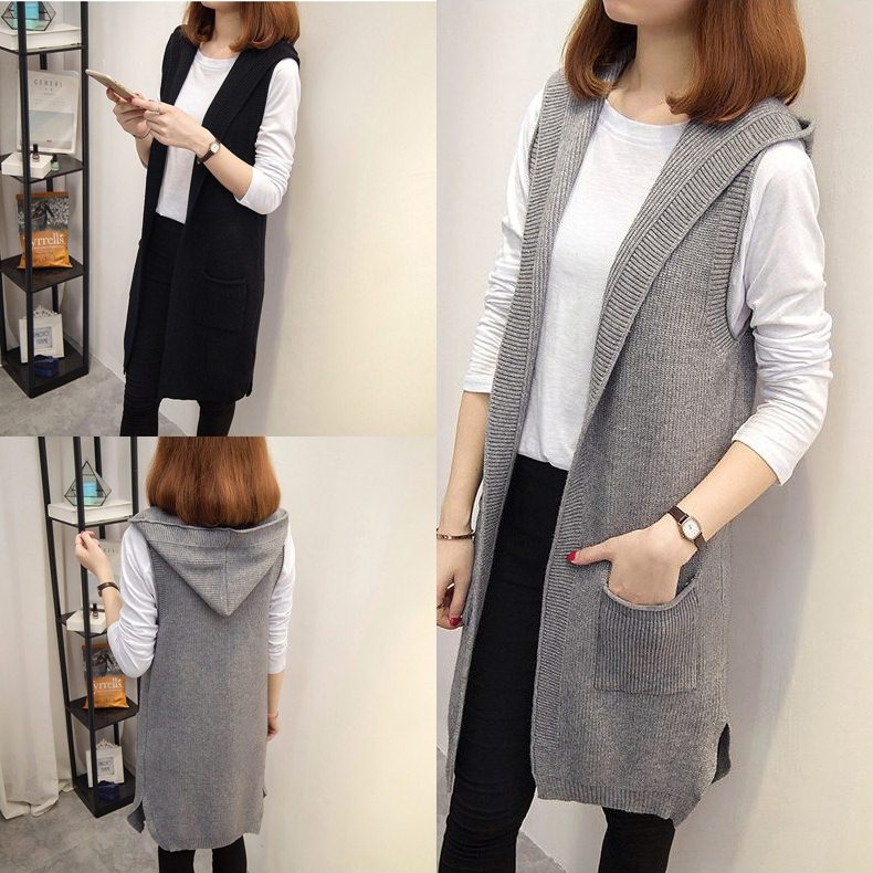Blouse3643 เสื้อคลุมกันหนาวไหมพรมตัวยาวมีฮู้ด งานถักเนื้อแน่นสวยมีน้ำหนักทิ้งตัวยืดหยุ่นสูง งานสวยแมทช์ง่าย แมทช์กับชุดไหนก็เข้า **พร้อมส่งสีดำสีเดียวค่ะ
