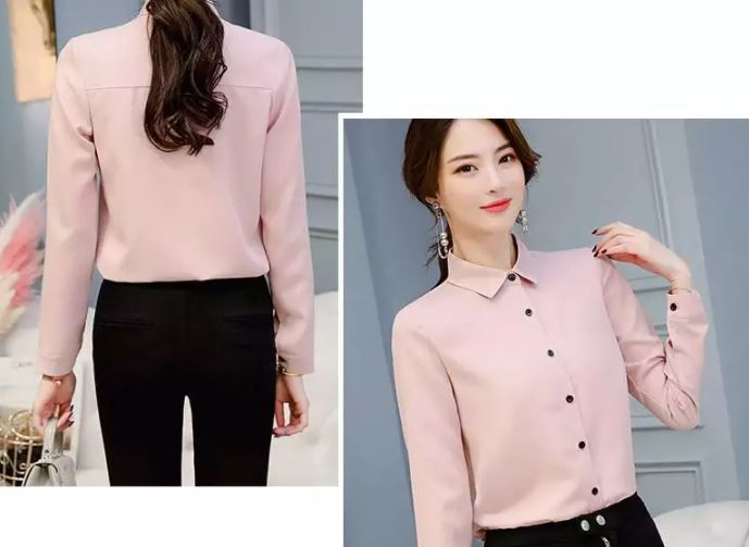 เสื้อเชิ้ตผู้หญิง เสื้อเชิ้ตแขนยาว สีชมพู เสื้อคอปก ผ้าลื่น แบบสวย เสื้อเชิ้ตใส่ทำงาน แบบเก๋ ๆ สีพื้น 409467