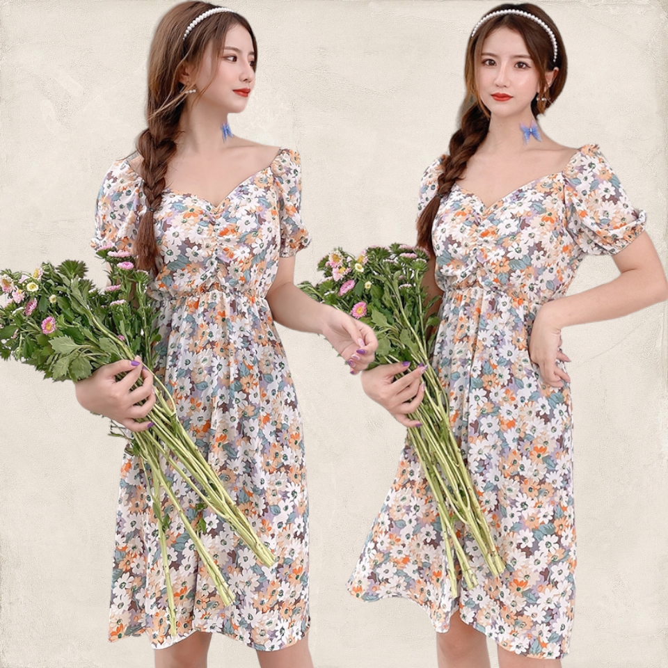Dress4706 เดรสชีฟองลายดอกไม้ แขนตุ๊กตา ดึงยางรอบบ่า เอวยางยืด ผ้าชีฟองเนื้อดีนุ่มมีน้ำหนักทิ้งตัว งานดีทรงดีดูสวยแพง ทรงนี้สวยคลาสสิคสวมใส่ได้ทุกโอกาส