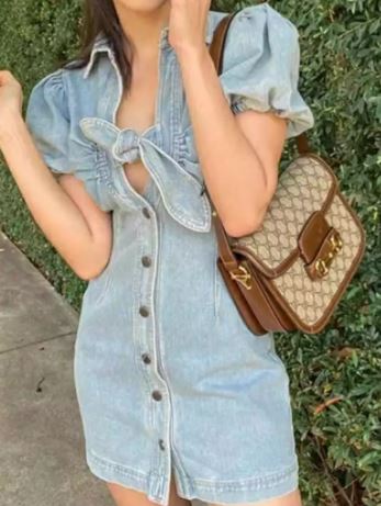 เดรสยีนส์ แขนสั้น เดรสกระโปรง แบบวัยรุ่น เปรี้ยว ๆ ติดโบว์ เดรส กระดุมหน้า ใส่สวย ดูเซ็กซี่ 242197