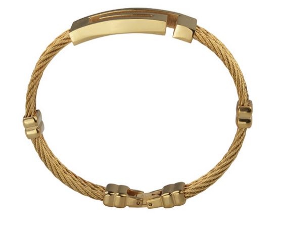 สร้อยข้อมือผู้ชาย กำไลข้อมือชาย กำไลทอง ไทเทเนี่ยม ชุบทอง 18 K สุดหรู รูปตัว G ไม่ลอก ไม่ดำ ดีไซน์ ขดลวด 3 เส้น 257212