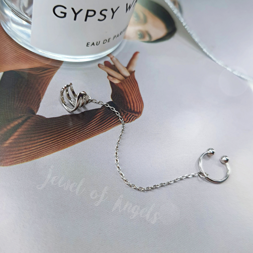 ต่างหูหนีบ Ear Cuff รุ่น Clound เงินแท้S925 ต่างหูคลิปหนีบห่วงและ3แฉก แต่งโซ่ สีเงิน Silver925