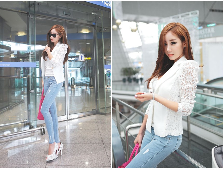 เสื้อสูท แต่งลูกไม้ พร้อมส่ง สีขาว ผ้าไม่หนา ใส่คลุมสบาย white