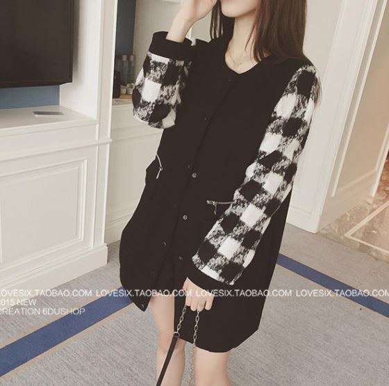 เสื้อกันหนาว สไตล์เกาหลี แต่งผ้าขนลายสก๊อตที่แขนนิ่ม ผ้าใยสังเคราะห์ เนื้อนุ่มลื่น แบบเก๋ พร้อมส่ง BLACK