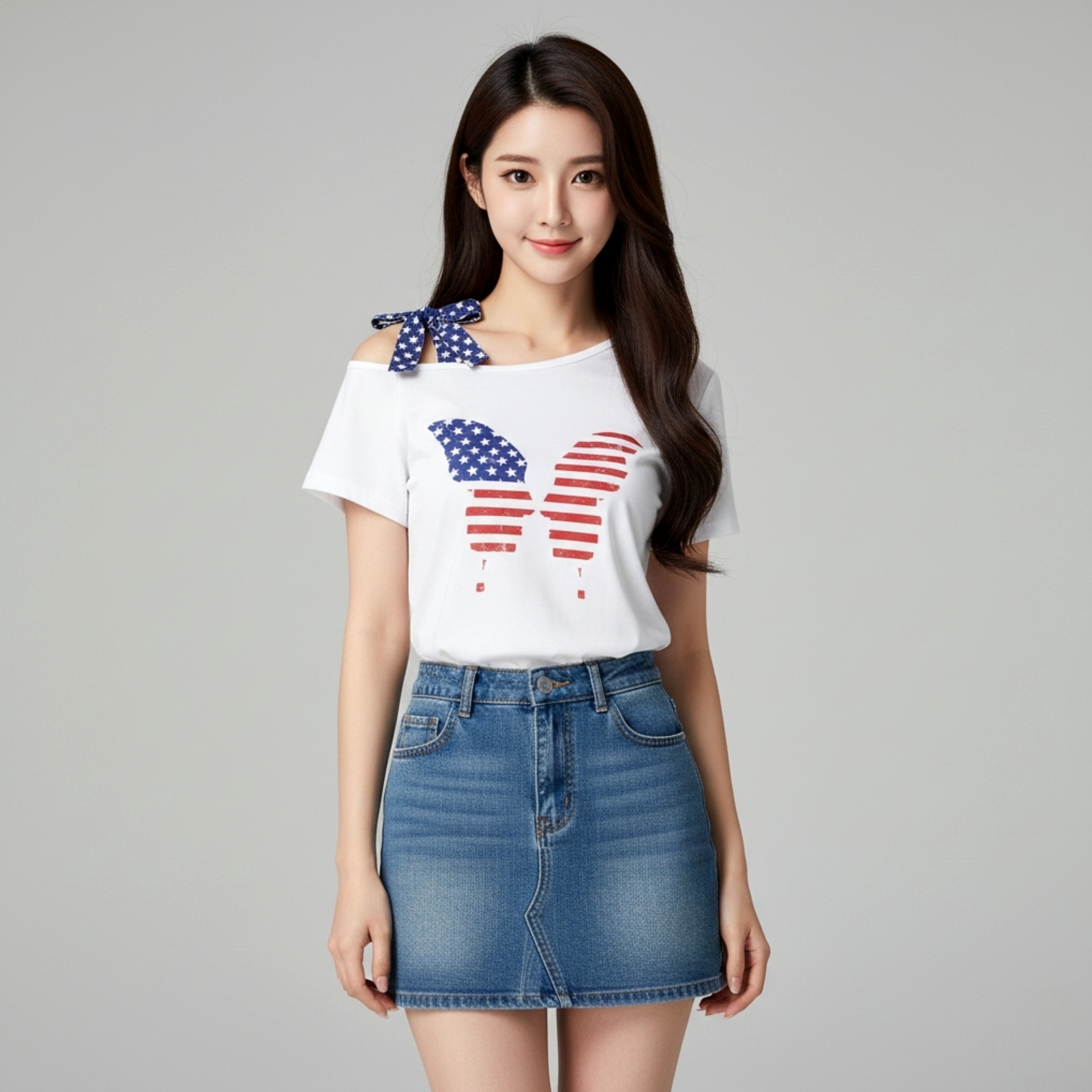 🎀 Blouse3986 เสื้อยืดเปิดไหล่ข้างเดียวสีขาว ผ้าคอตตอนซอฟท์นุ่มใส่สบาย ดีไซน์โบว์ผูกและลายผีเสื้อเพิ่มเสน่ห์ดูน่ารักสดใสแมทช์ง่าย