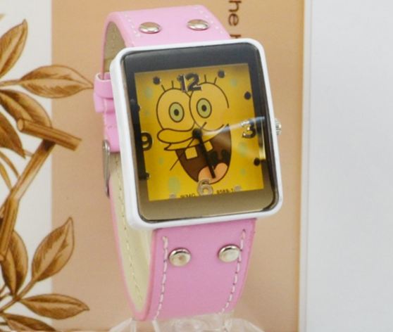 นาฬิกาข้อมือ สไตล์ วัยรุ่น นาฬิกาข้อมือ สายหนังแท้ ลายการ์ตูน Spongebob การ์ตูนยอดฮิต สีดำ แดง ฟ้า ชมพู ขาว หน้าปัดเหลือง น่ารักสุด ๆ 433548